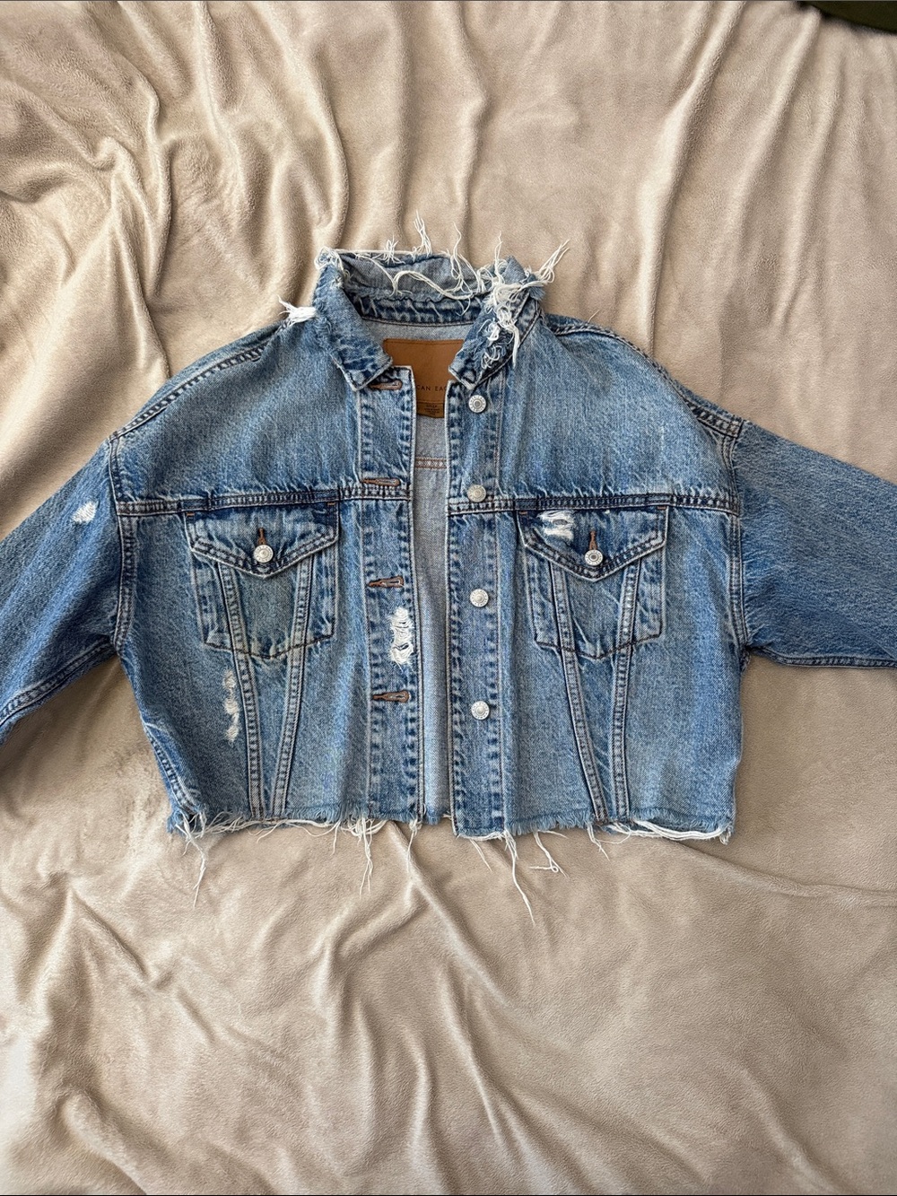 American Eagle Outfitters Light Blue Cropped Distressed Denim Jacket